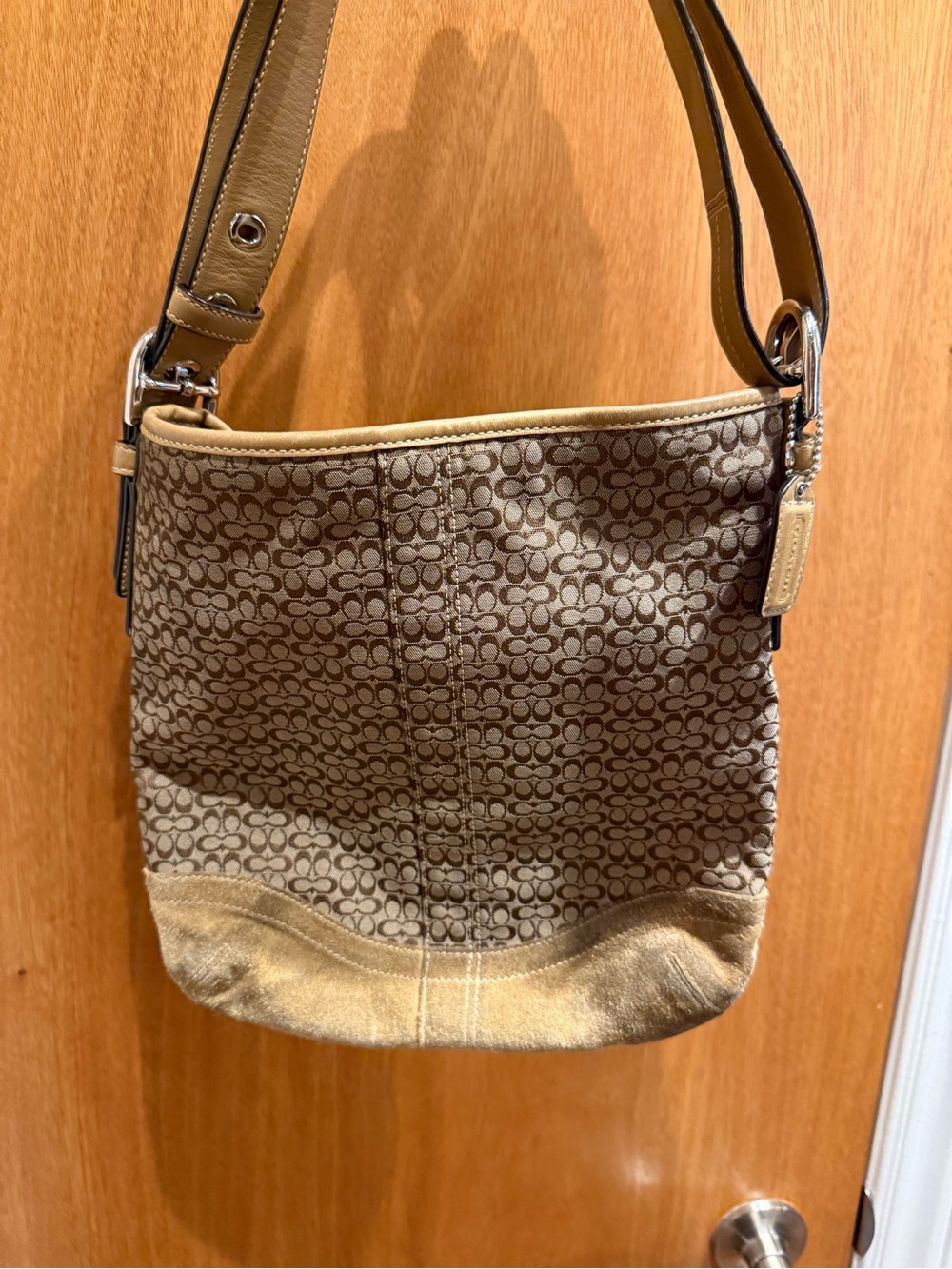 Coach Brown Signature Canvas Shoulder Bag with Tan Trim